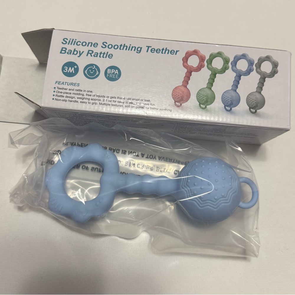 Silicone Soothing Teether Baby Rattle - Blue